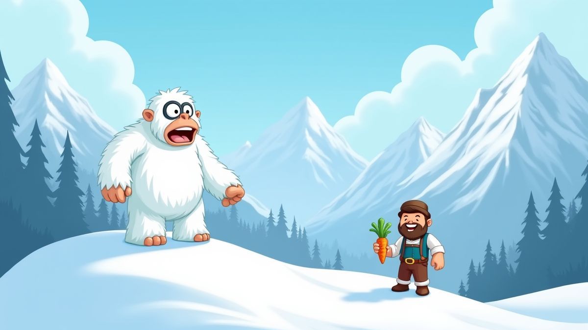Schneebedeckte Berge im cartoonhaften Stil mit den Charakteren des Yetis und des bayerischen Mannes.