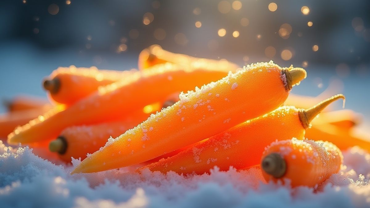 Goldene Karotten, die auf gefrorenen Walzen mit schneebedecktem Hintergrund leuchten.