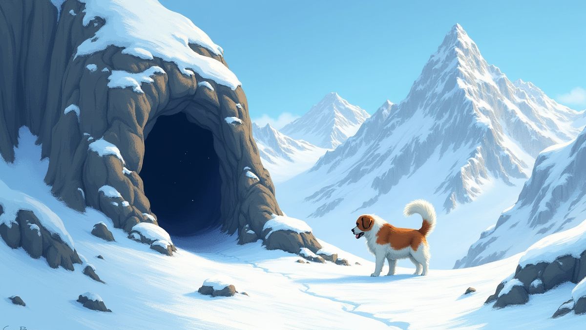 Snowy mountains with a mysterious cave and a Saint Bernard dog exploring.