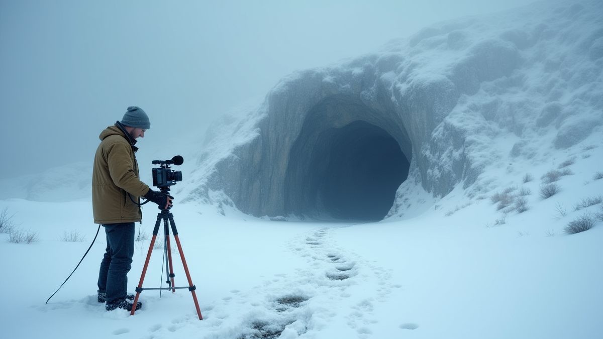 Reporter in a snowy landscape with a camera and footprints towards a mysterious cave.