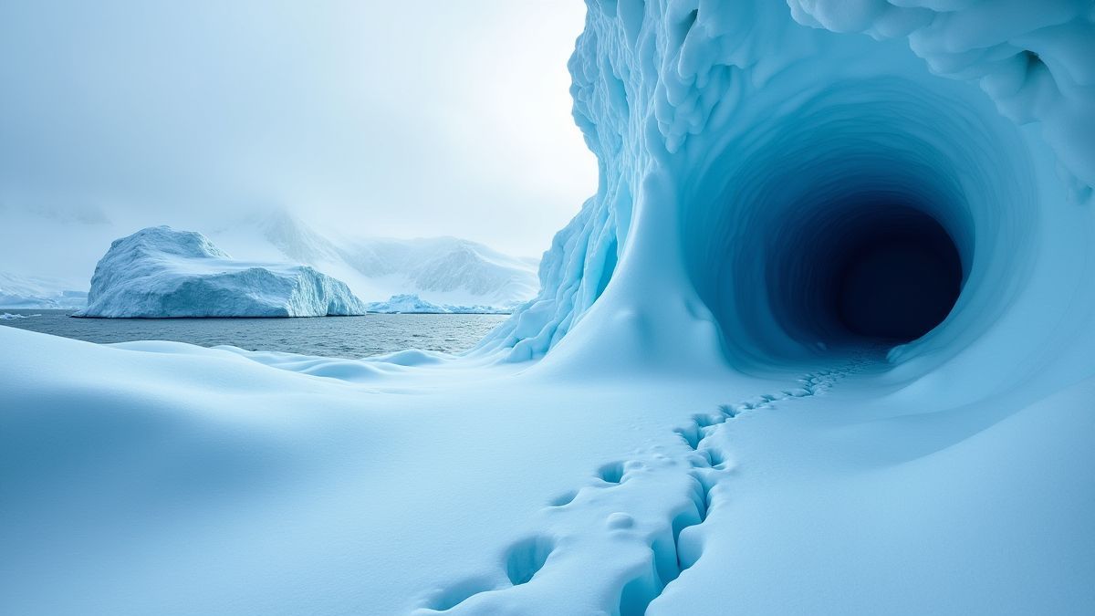 Paisagem nevado com pegadas que conduzem a uma caverna.