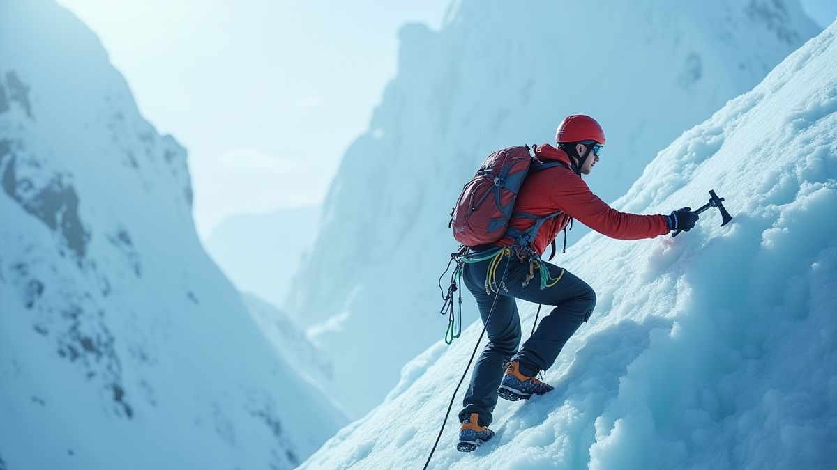 Explorador escalando uma montanha congelada com ferramentas de escalada.