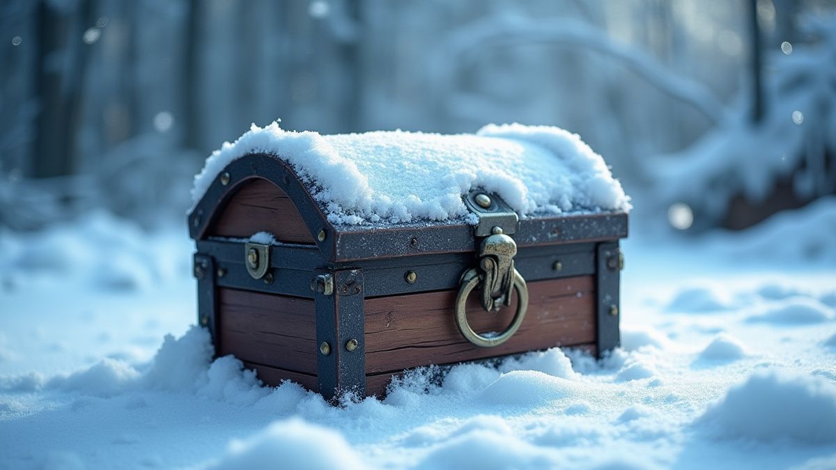 Cofre do tesouro cercado de neve e gelo.