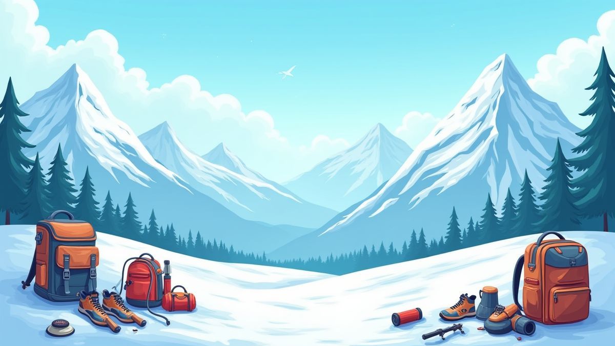 Snowy mountains with camping gear and trekking tools.