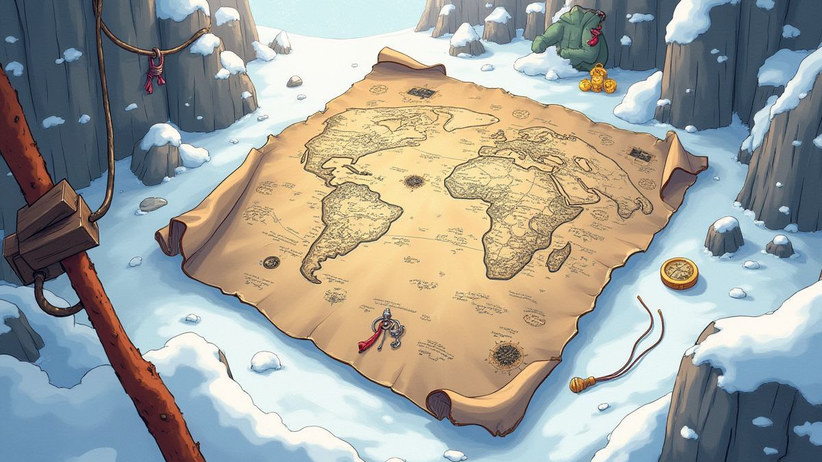 Treasure maps and climbing gear in a snowy environment.