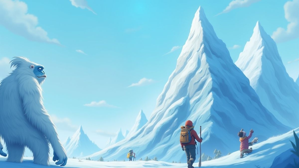 Animated scene with adventurers climbing icy peaks under the watchful gaze of the Yeti.