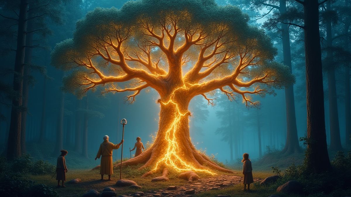A glowing tree with Nordic runes and mythical creatures in a mystical forest.