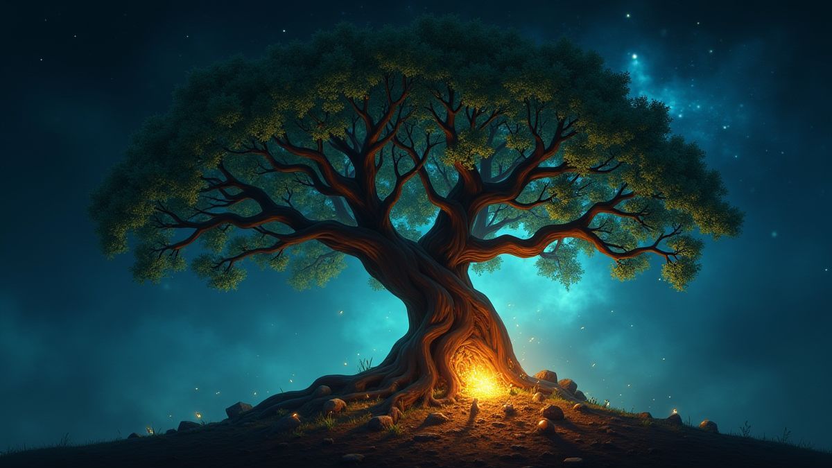 An interactive tree with glowing roots and magical treasures hidden beneath.