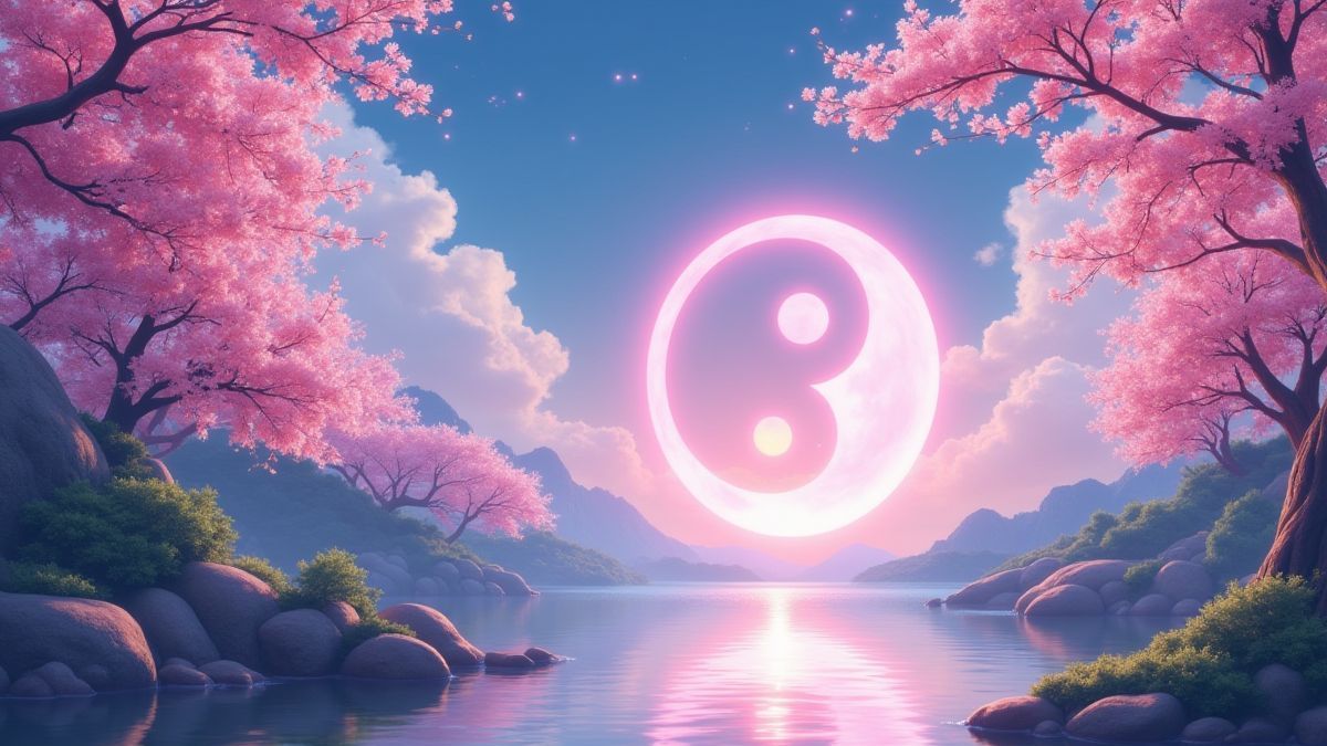 Paysage tranquille avec cerisiers et symbole Yin et Yang