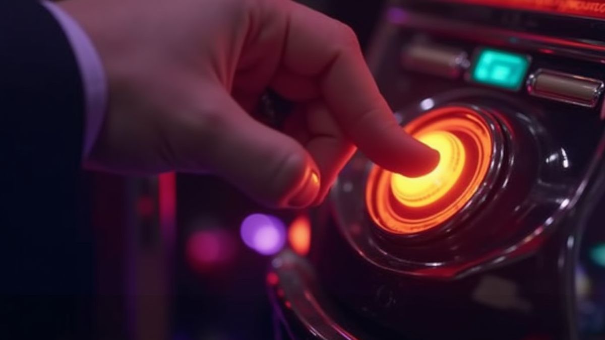 Main appuyant sur le bouton de rotation d'une machine à sous