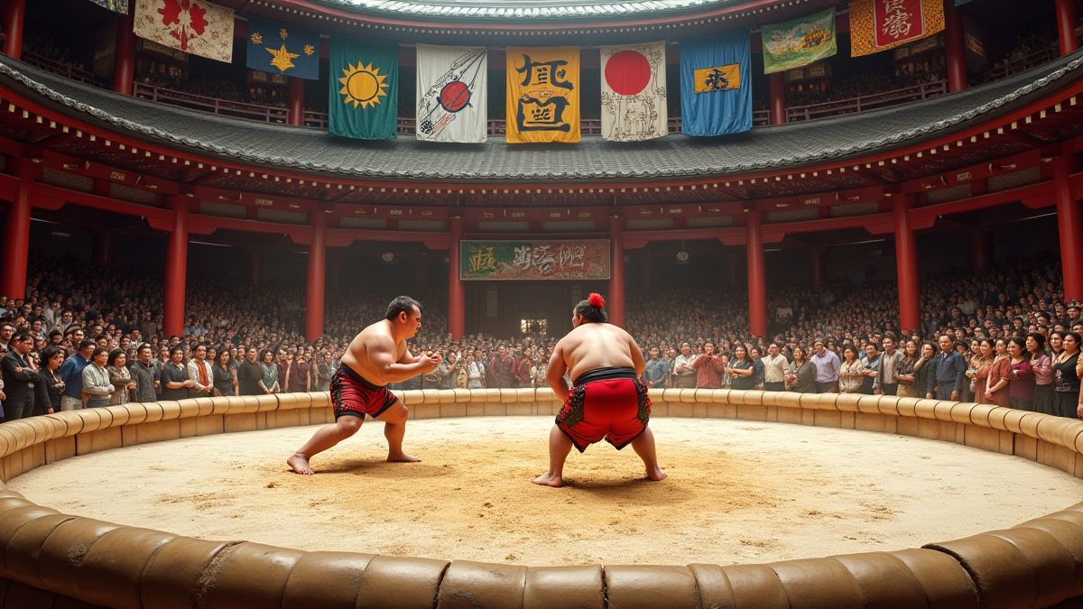 Een sumo-arena met kleurrijke banners en traditionele Japanse elementen.