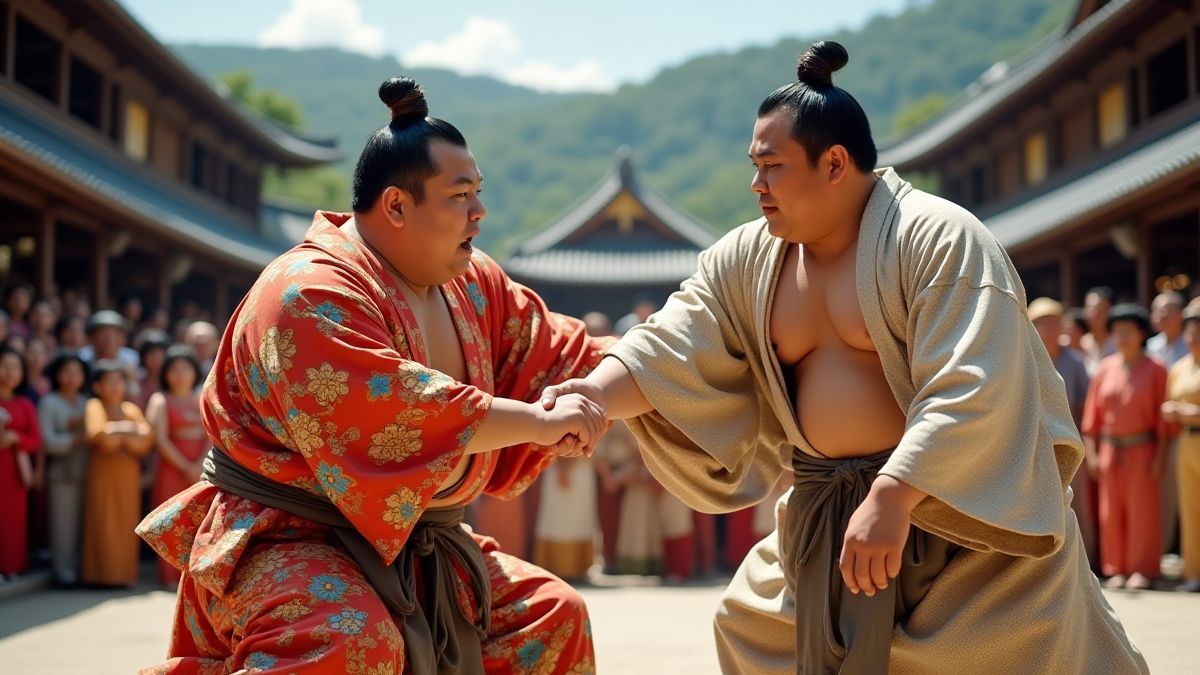 Traditionele Japanse sumo-vechters in kleurrijke kimono's met een historische achtergrond.