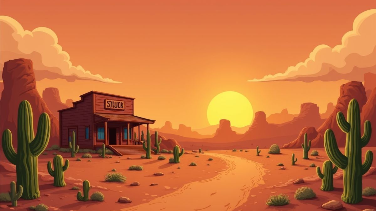 Paisaje del desierto con saloon y cactus.