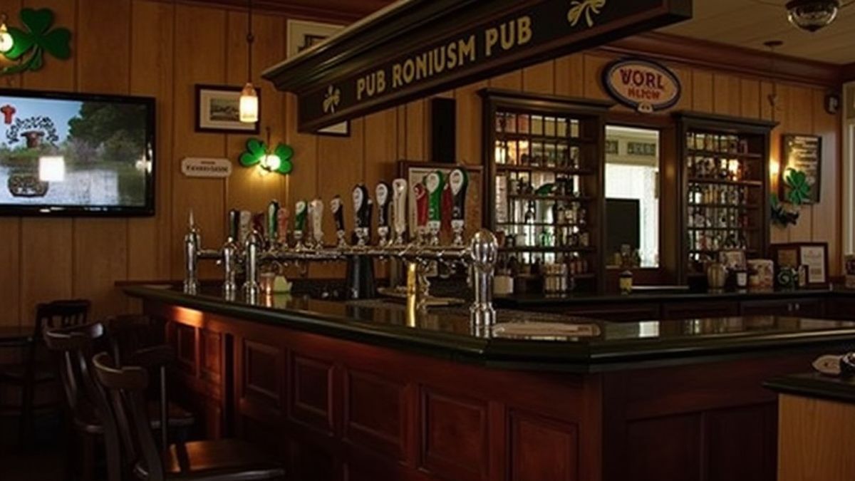 Gezellige Ierse pub met houten details en klavertje vier decoraties.