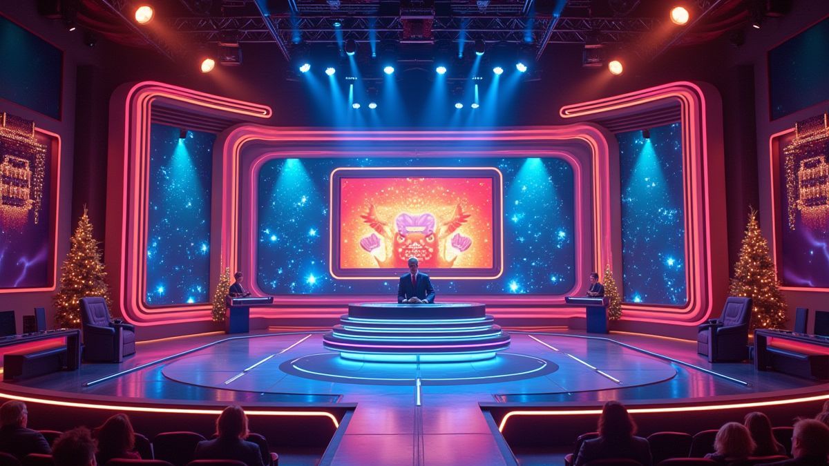 Scène de programme de télévision avec des prix en espèces et des hôtes souriants.