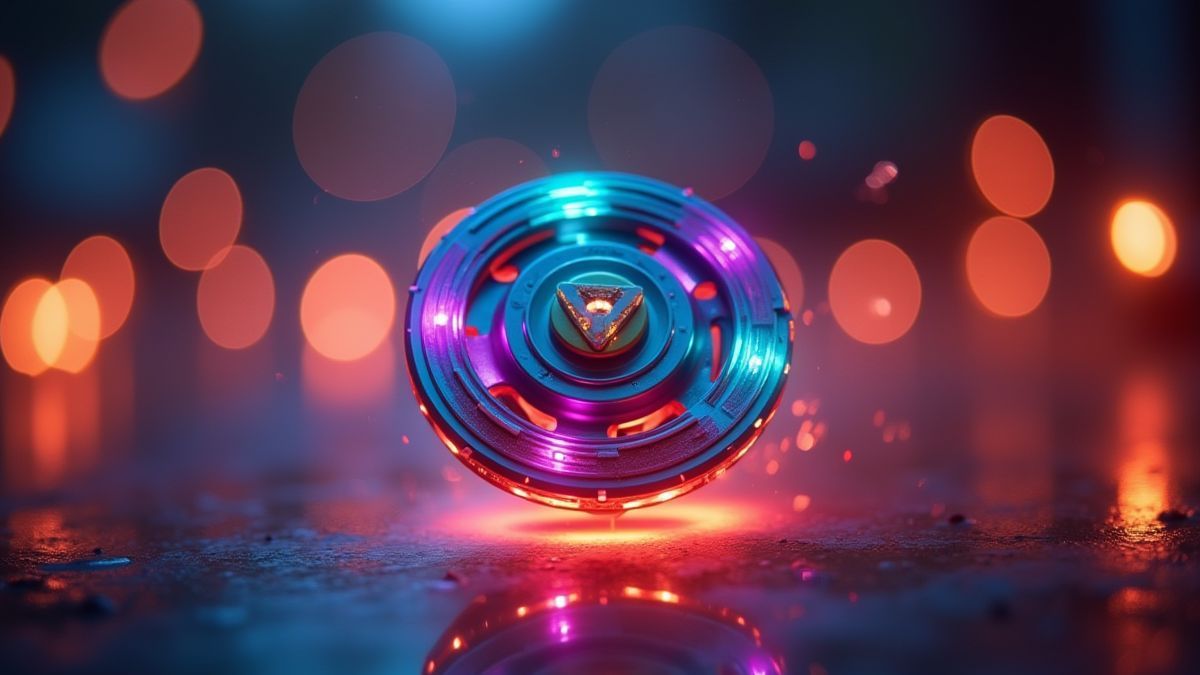 A colorful yoyo spinning in the air with bright lights around it.