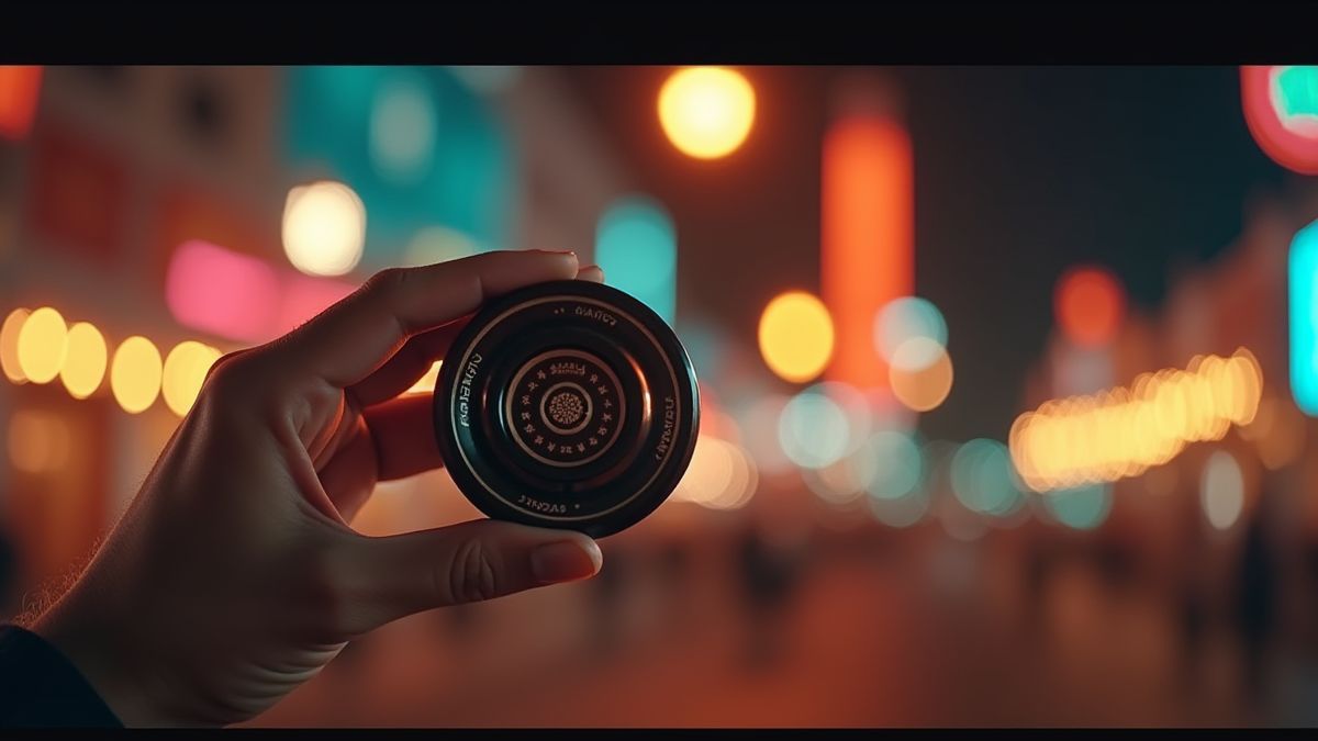 A hand holding a yoyo while performing a trick with carnival lights in the background.