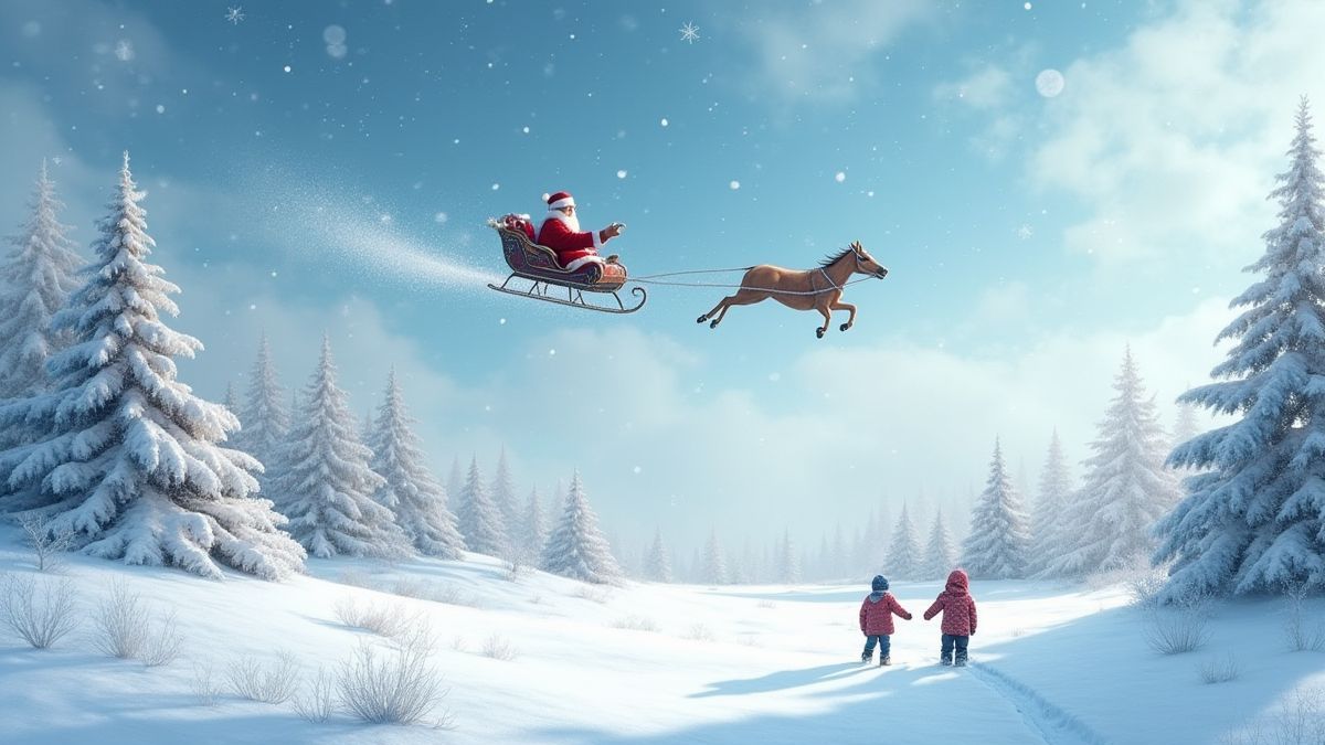 Snowy landscape with Santa's sleigh flying and children playing in the snow.