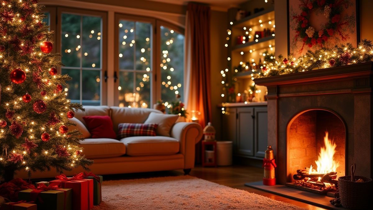 Living room decorated for Christmas with tree and gifts.