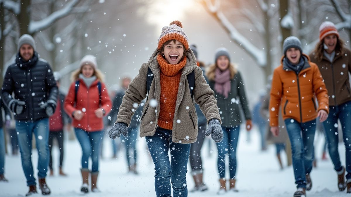 Happy people playing with snowballs in a winter park.