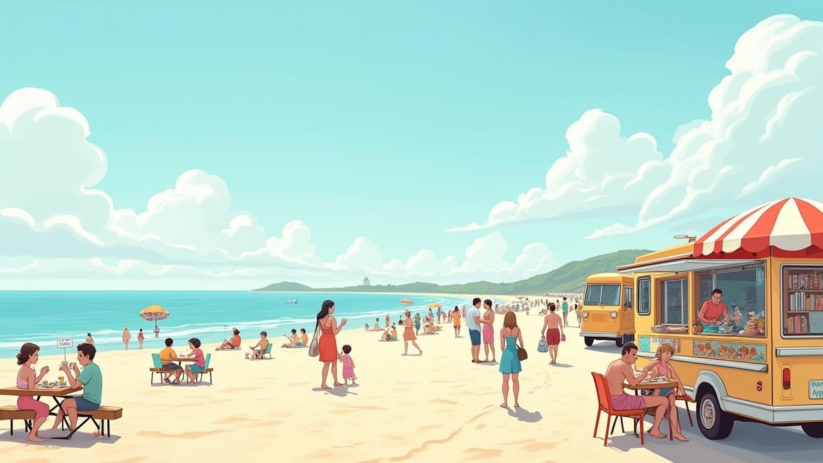 Playa soleada con camiones de comida y gente disfrutando.