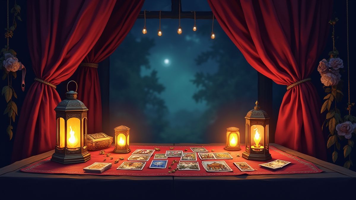 Une boutique de voyant avec des lanternes brillantes et des cartes de tarot.