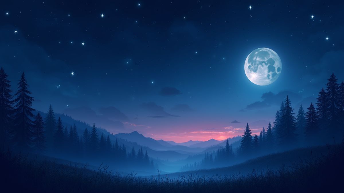 Un paysage illuminé par la lune avec des étoiles brillantes.