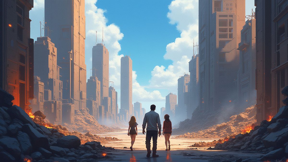 Una ciudad futurista en ruinas con personajes explorando.