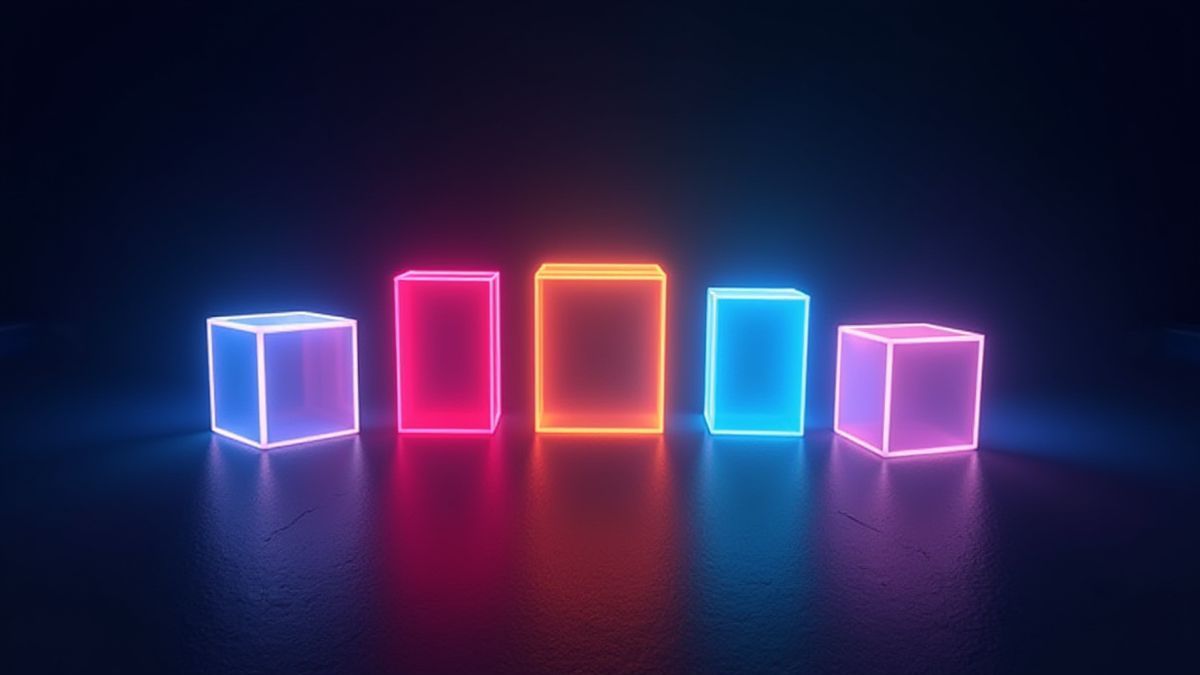 Cajas futuristas iluminadas con colores neón en un entorno misterioso.