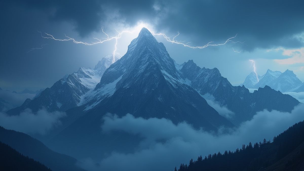 Monte Olimpo con rayos y nubes al fondo.