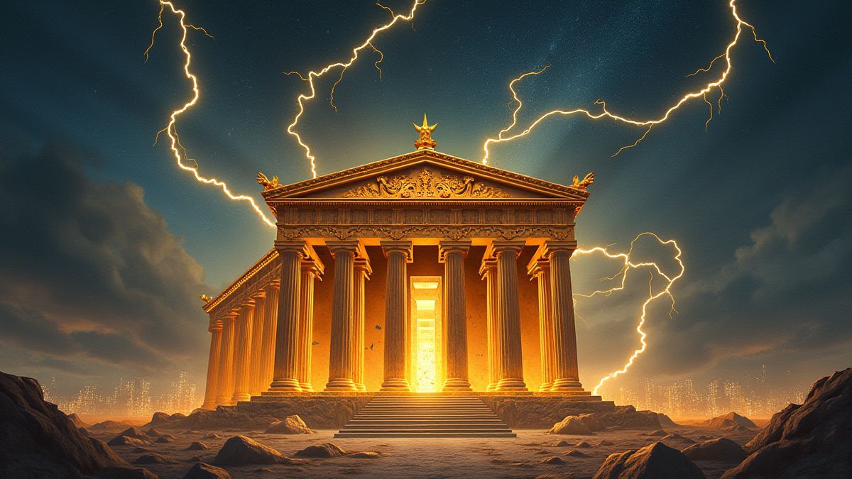 Templo dorado rodeado de rayos y símbolos mitológicos.
