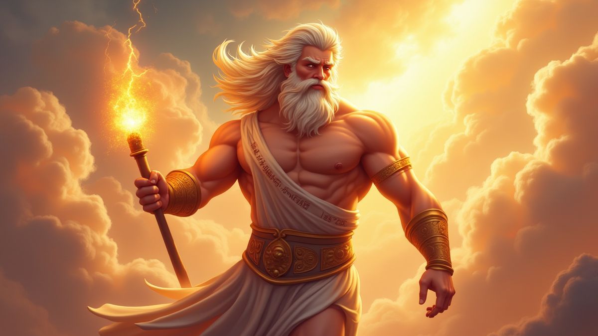 Zeus die een bliksemschicht vasthoudt tussen glanzende wolken.