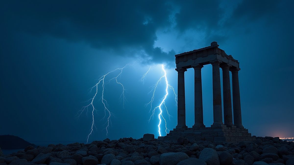 Greek columns under the stormy night sky.