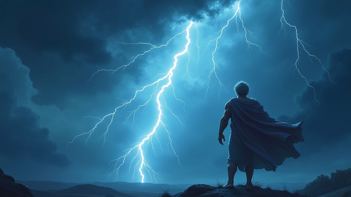 Zeus throwing lightning bolts in a stormy sky.