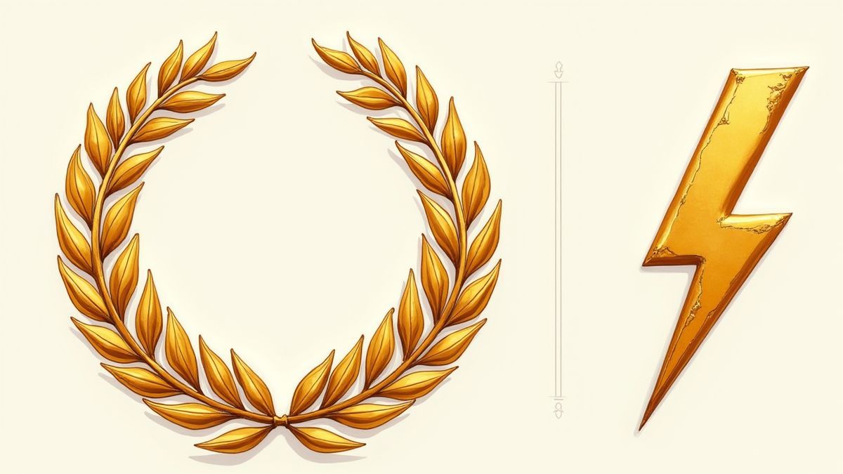 Artefacts grecs comme une couronne de laurier dorée et un éclair.