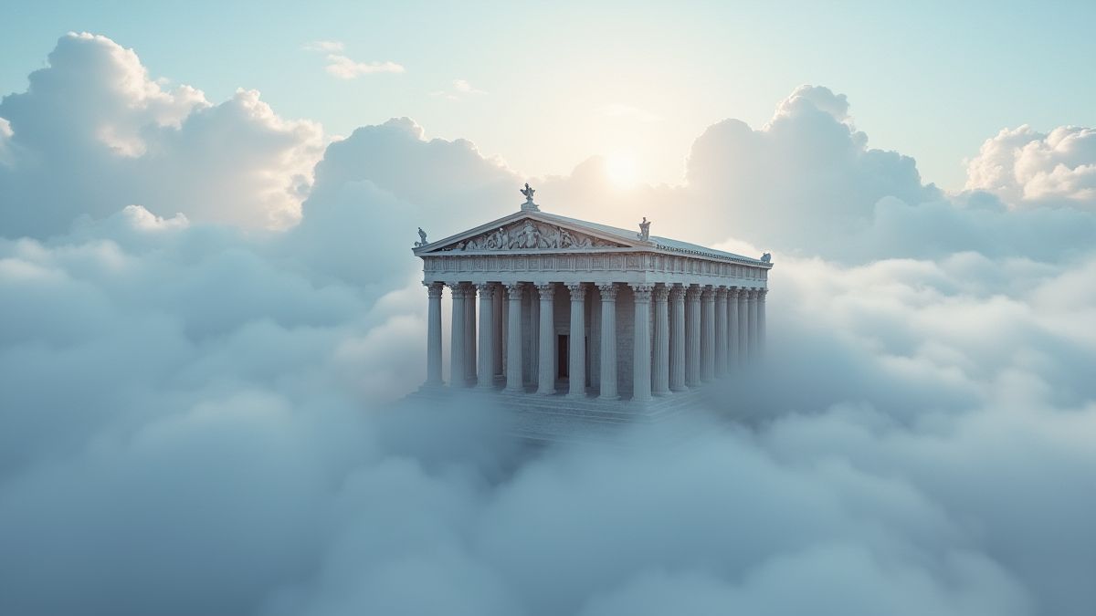 Templo griego rodeado de nubes.