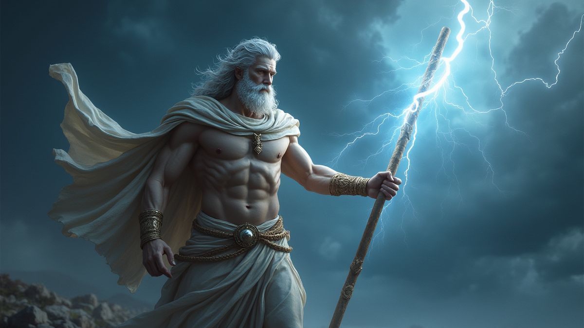 Zeus sosteniendo un rayo bajo un cielo tormentoso.