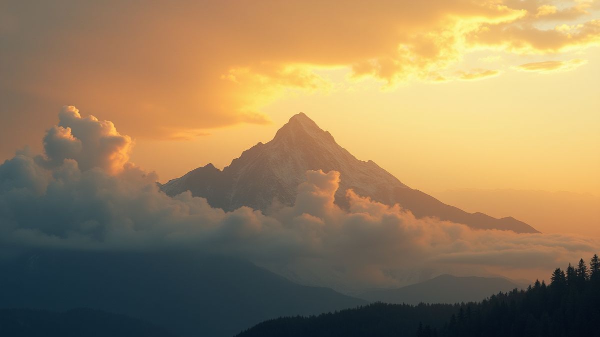 Monte Olimpo con nubes doradas y rayos de sol.