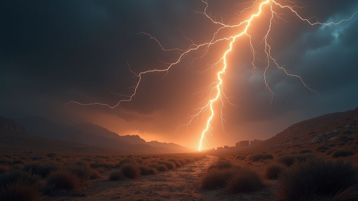 A lightning bolt illuminating an ancient Greek landscape.
