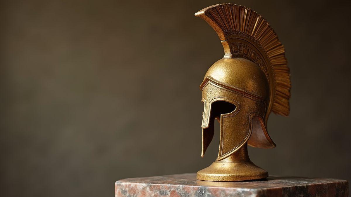 A golden Greek helmet on an ancient marble pedestal.