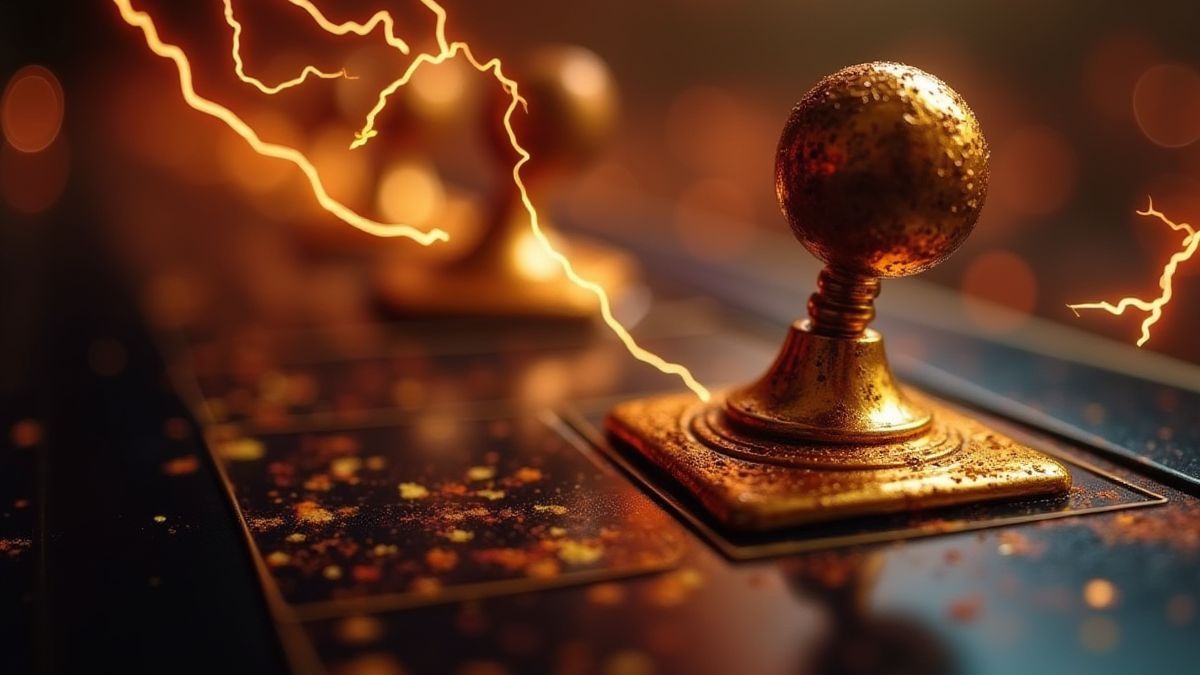 A close-up of a golden slot machine lever surrounded by lightning.