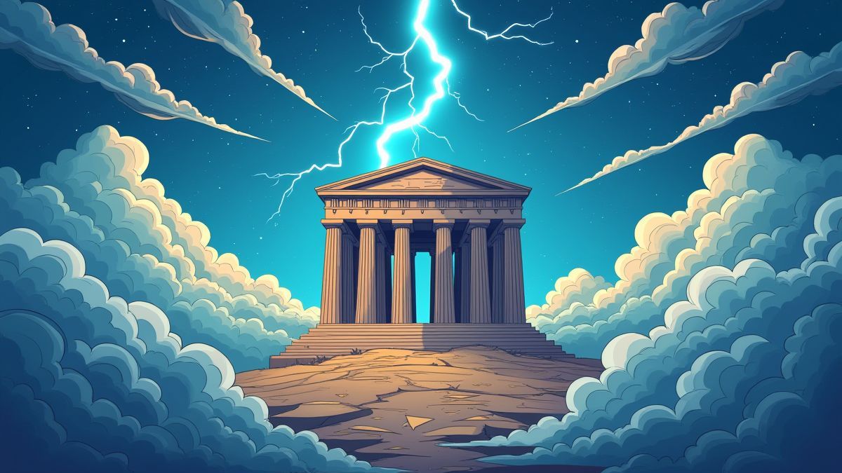 Templo grego com raios e nuvens.