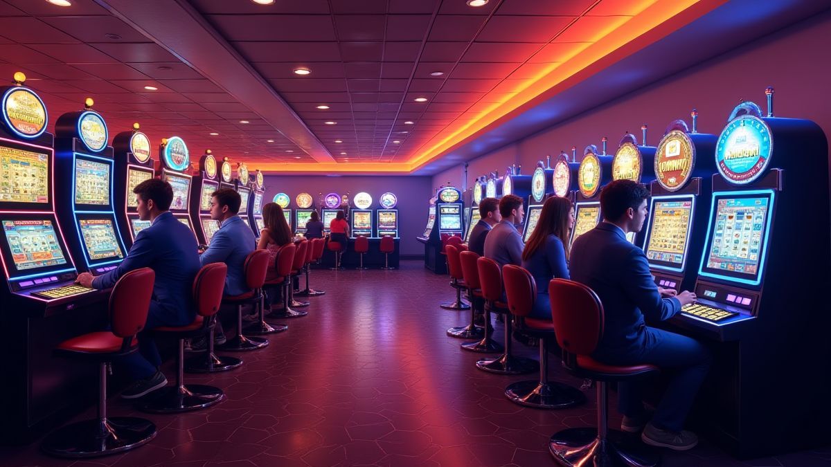 Sala de cassino moderna com jogadores desfrutando de tragamonedas.