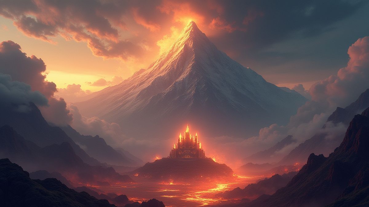Bild des Olymp und der Unterwelt mit einem Tempel in der Mitte.