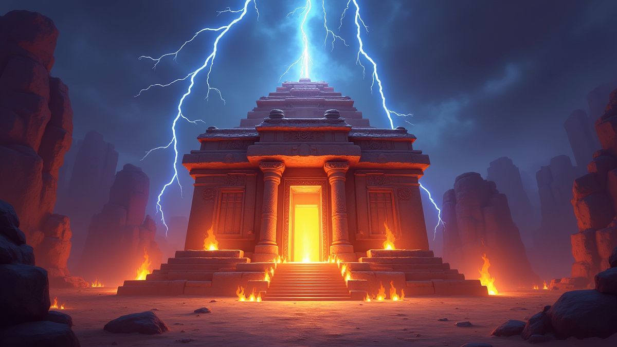 Leuchtender Tempel mit Blitzen und Flammen, die den Bonus darstellen.