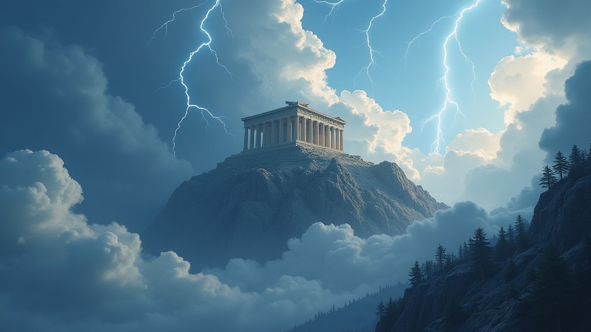 Temple on Mount Olympus with lightning and clouds.