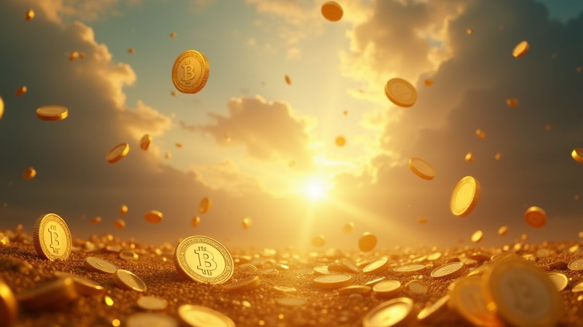Golden coins falling in a mythical setting.