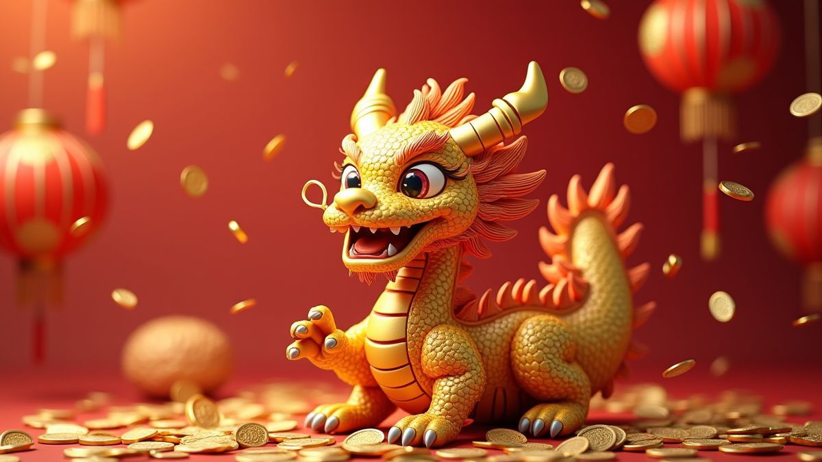 Dragón chino tradicional rodeado de monedas doradas y linternas