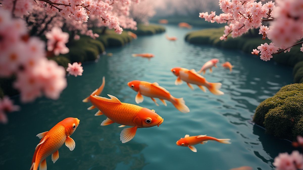 Peces dorados nadando en un estanque rodeado de árboles de flor de cerezo