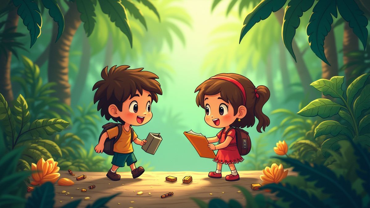 Zwei animierte Charaktere erkunden einen tropischen Dschungel voller Schätze.